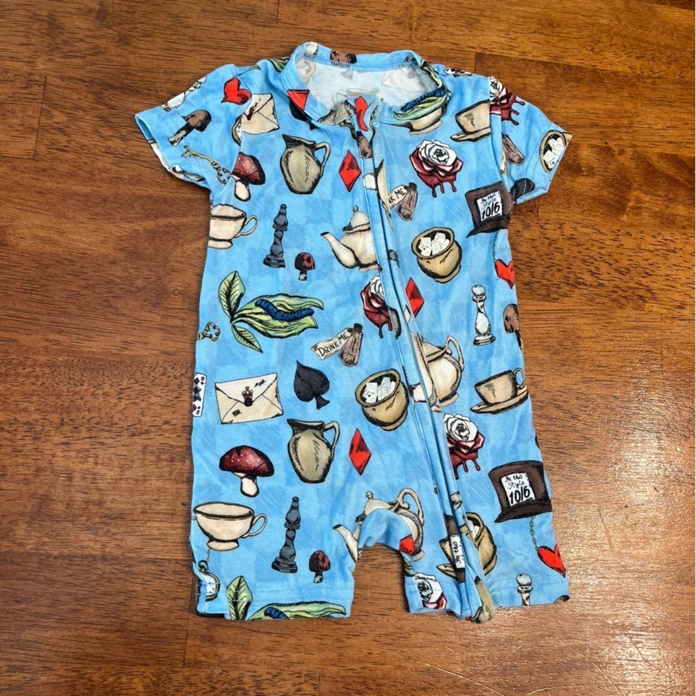 Little Crowns & Capes Alice in Wonderland Blue bamboo one piece 3-6 Months